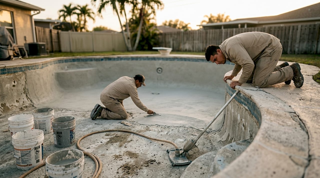 Technicians repairing pool finish at seam