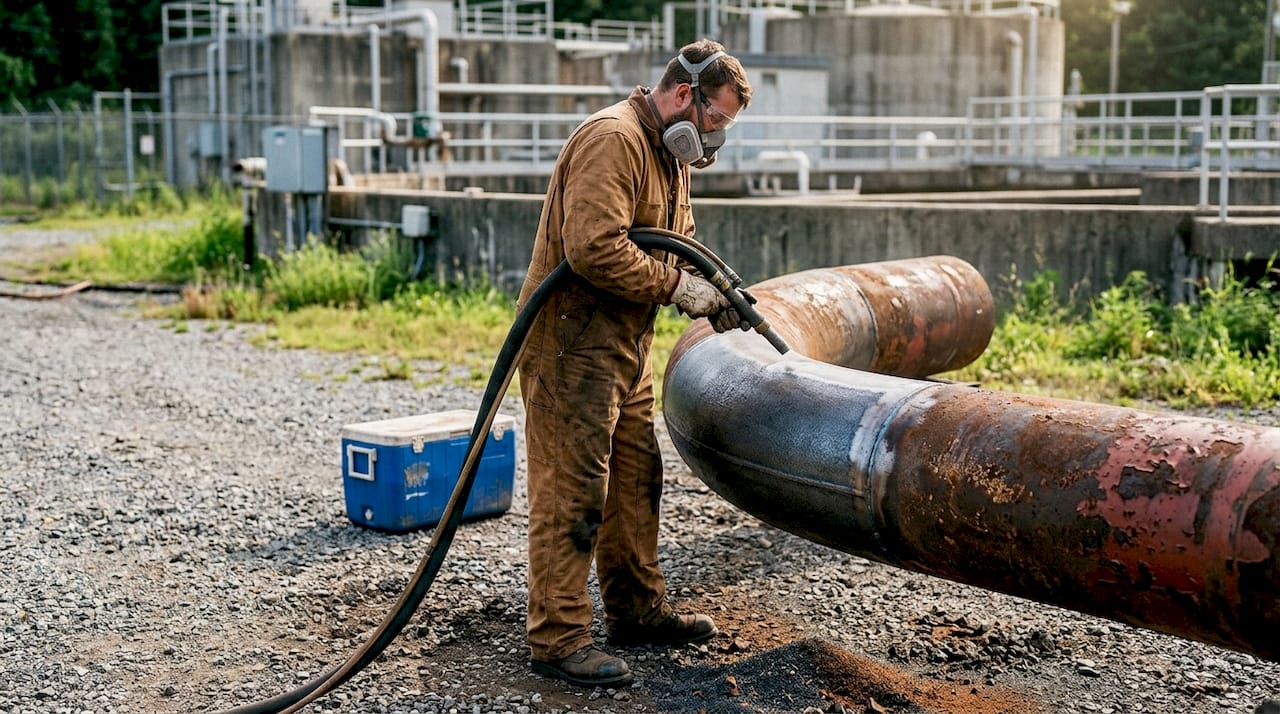 Worker abrasive blasting rusted steel pipeline outdoors