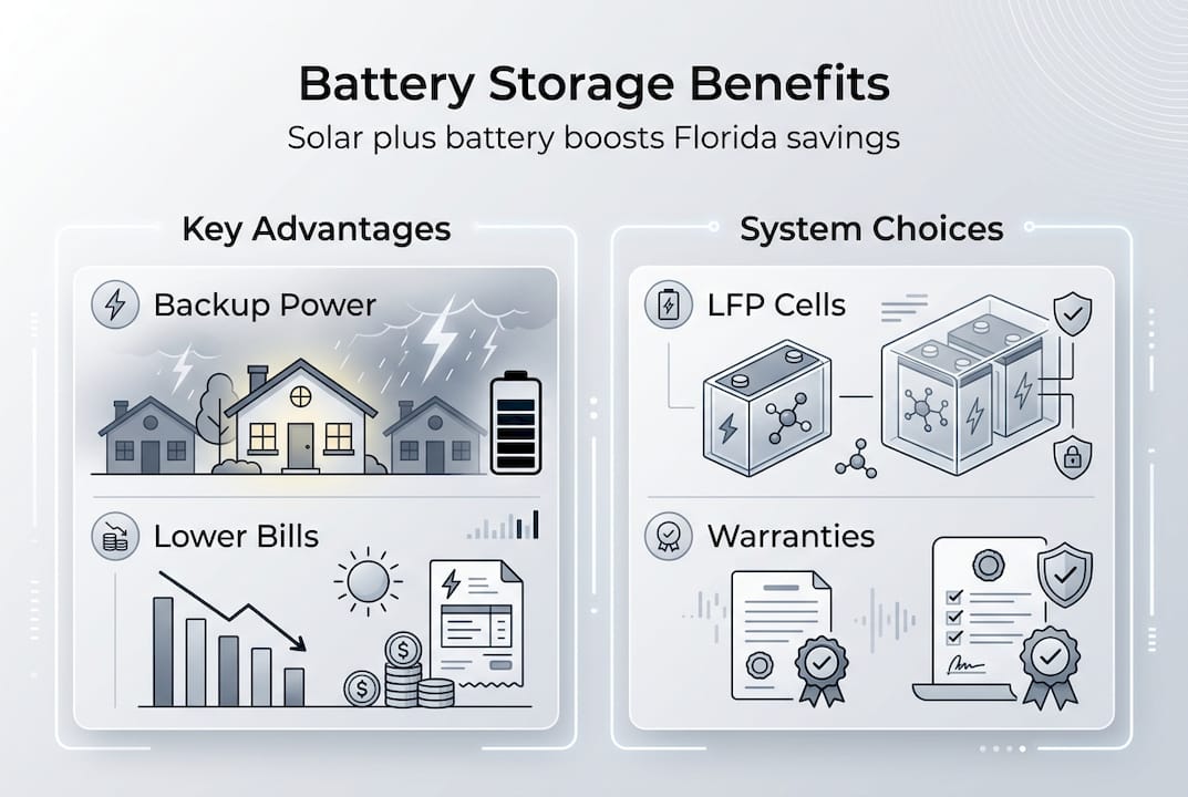 Battery storage in solar: maximize Florida energy savings 2 Infographic shows battery solar benefits and options