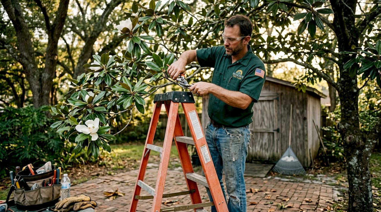 How tree care boosts property value in Central Florida 1 Arborist pruning magnolia tree with ladder