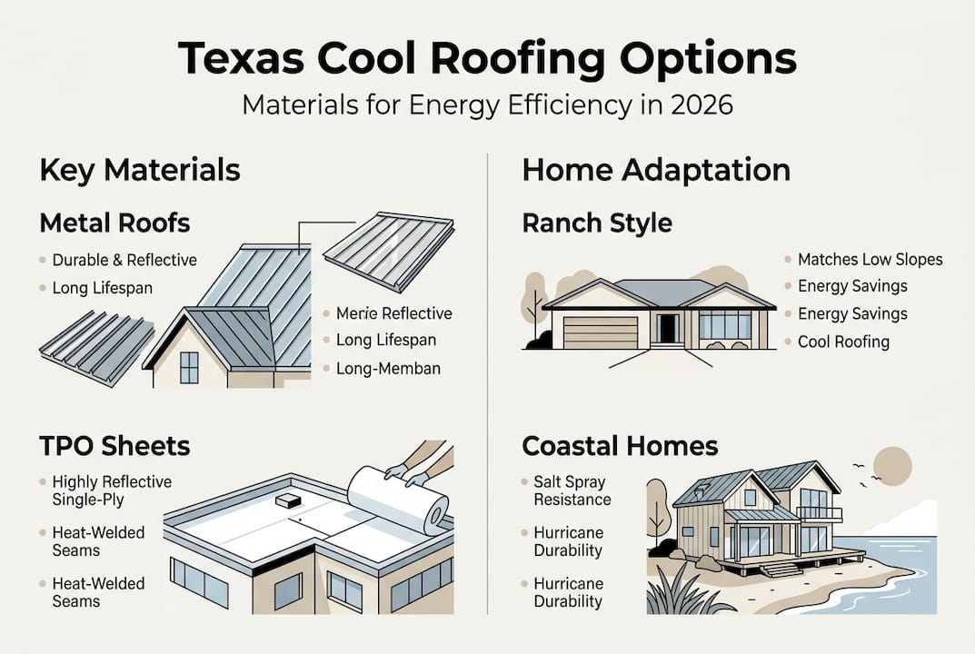 Infographic comparing Texas cool roofing materials