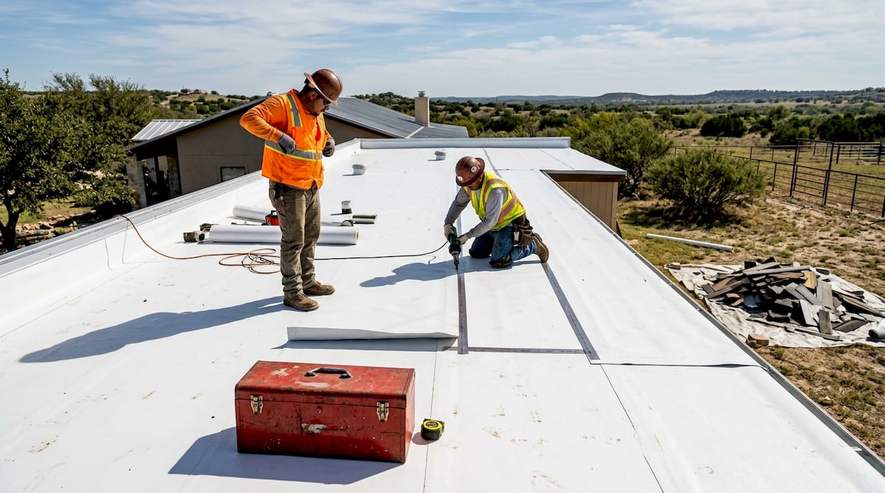 TPO roofing installation on Texas ranch home