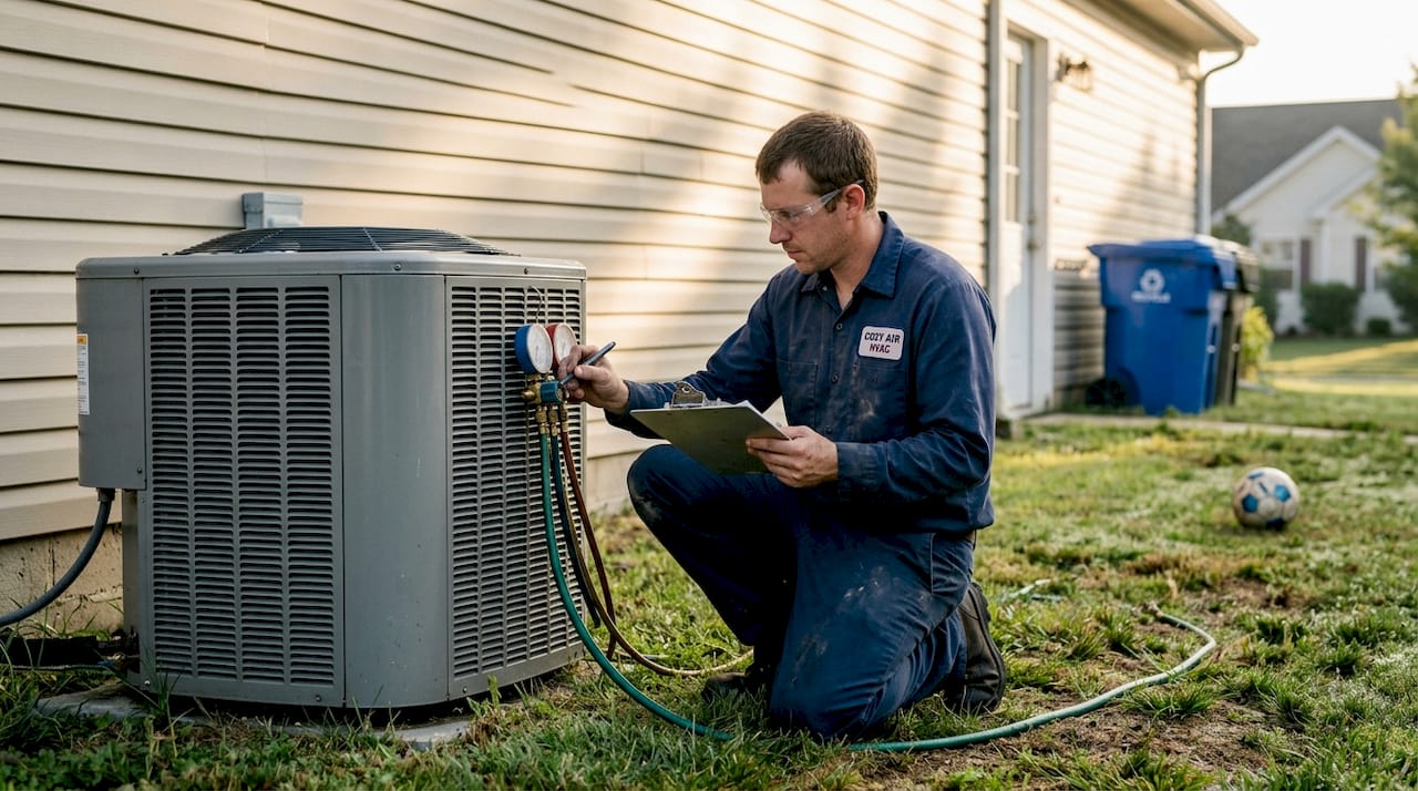 Technician inspecting efficient HVAC unit outdoors