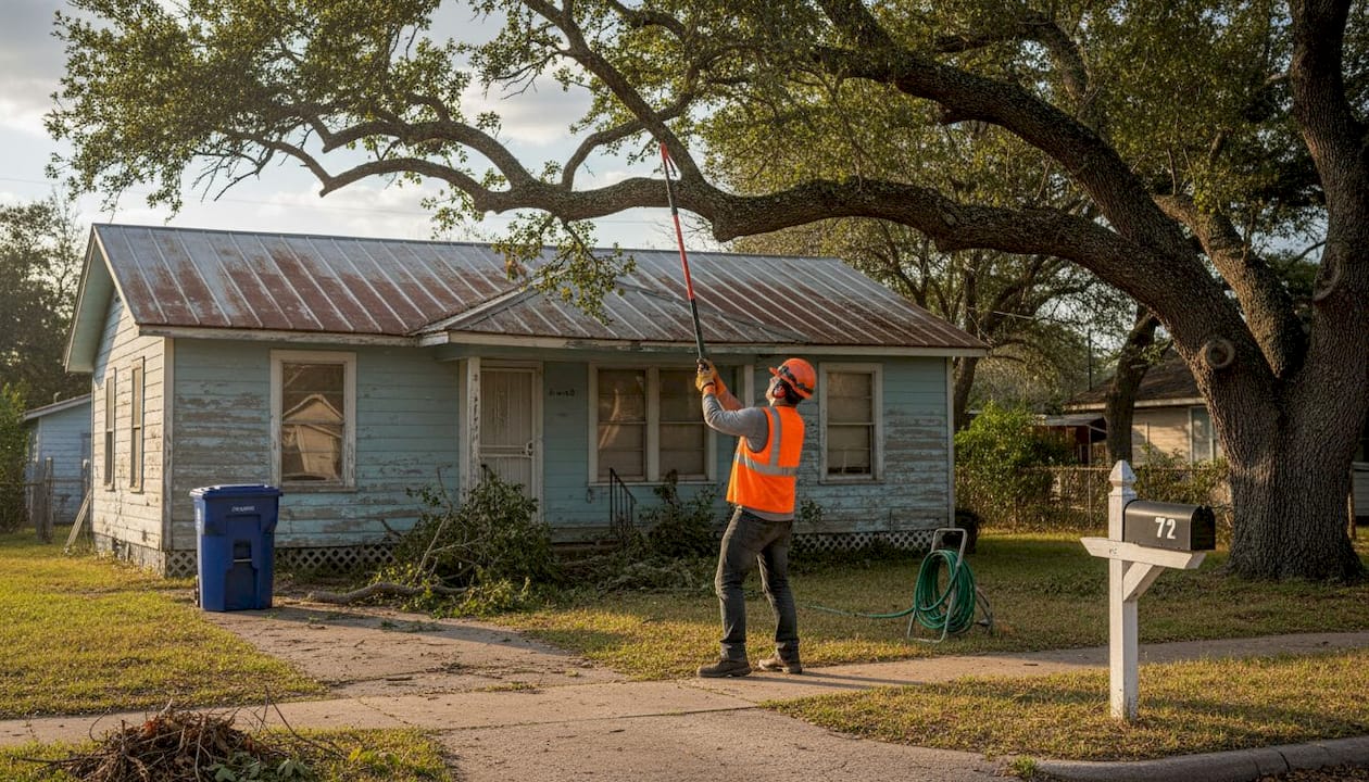 Arborist trimming tree branches near coastal house
