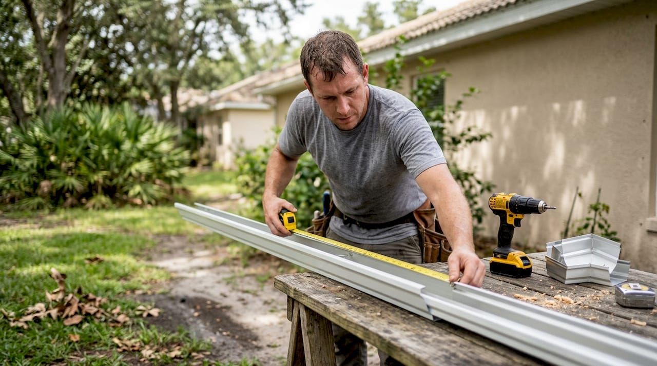 Installer measures aluminum gutter for installation