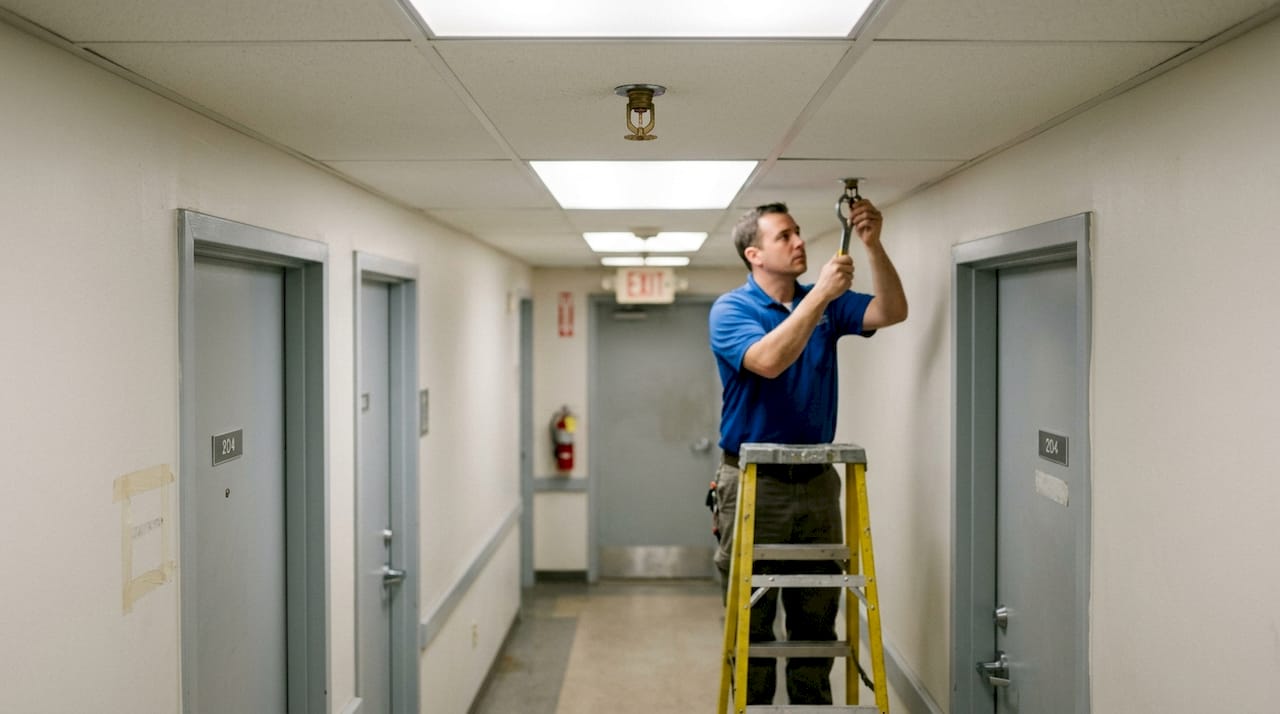 Worker maintaining sprinkler head in office hallway
