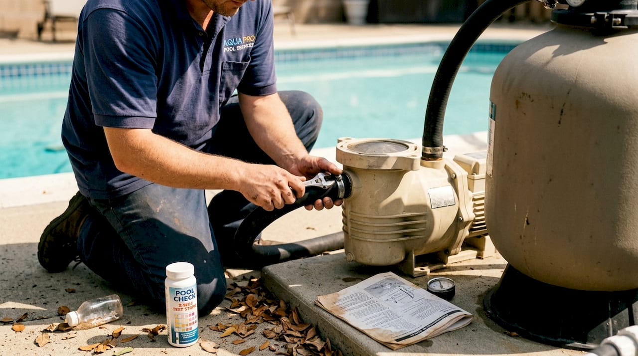 Technician servicing residential pool pump
