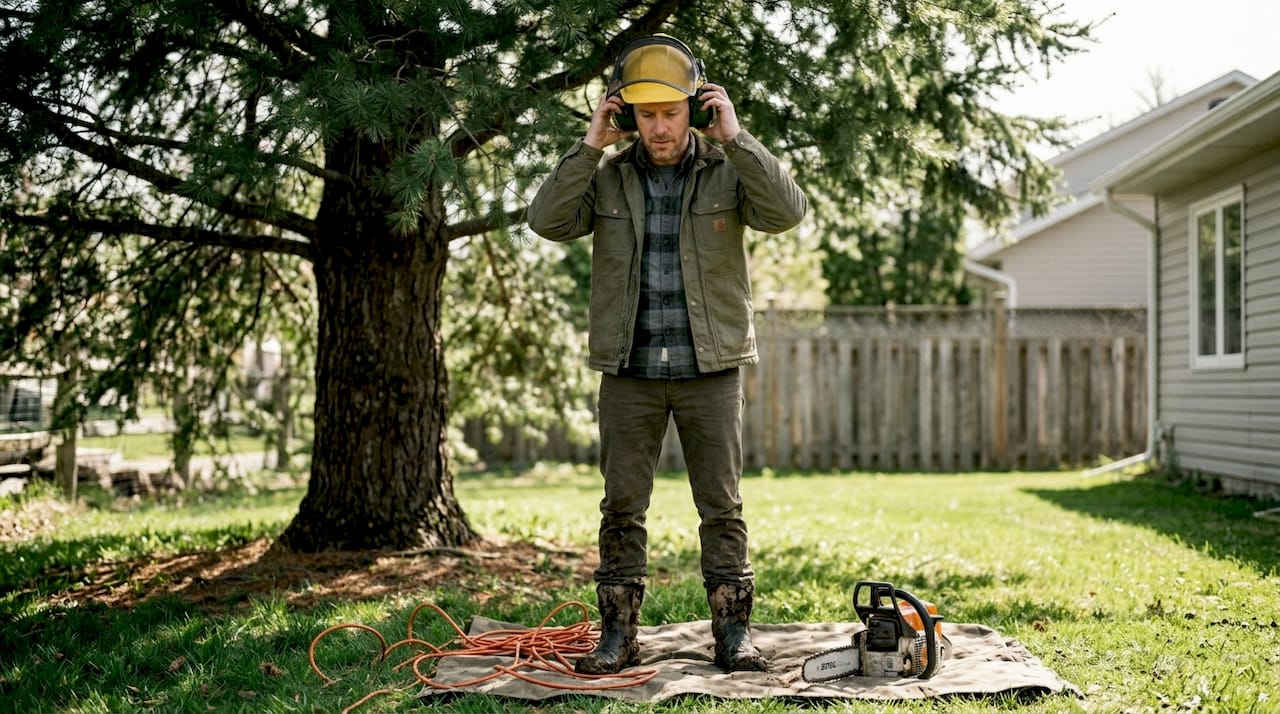 Tree removal safety steps Central Florida homeowners need 2 Person preparing tree cutting safety gear