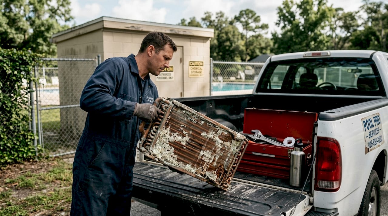 Technician inspects corroded pool heater exchanger