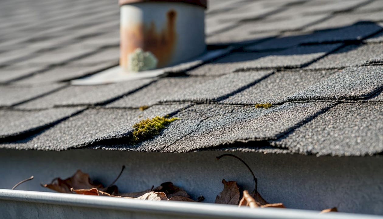 Close-up of sun-damaged roof shingles
