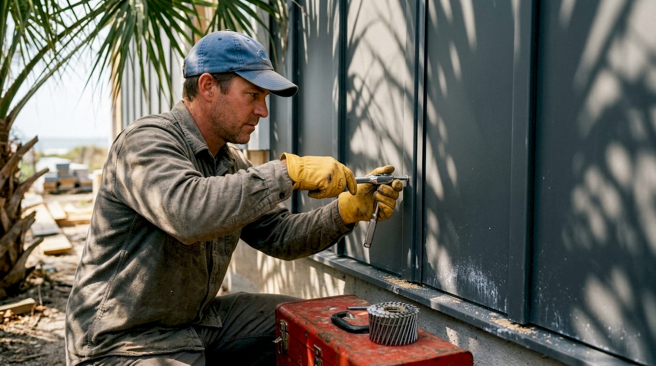 Installer securing steel siding with reinforced fasteners
