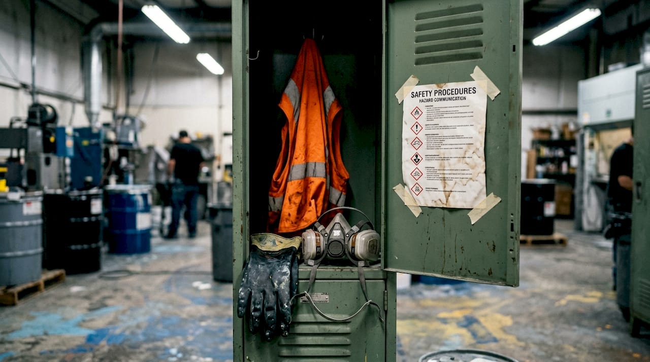 Protective gear in an industrial paint locker
