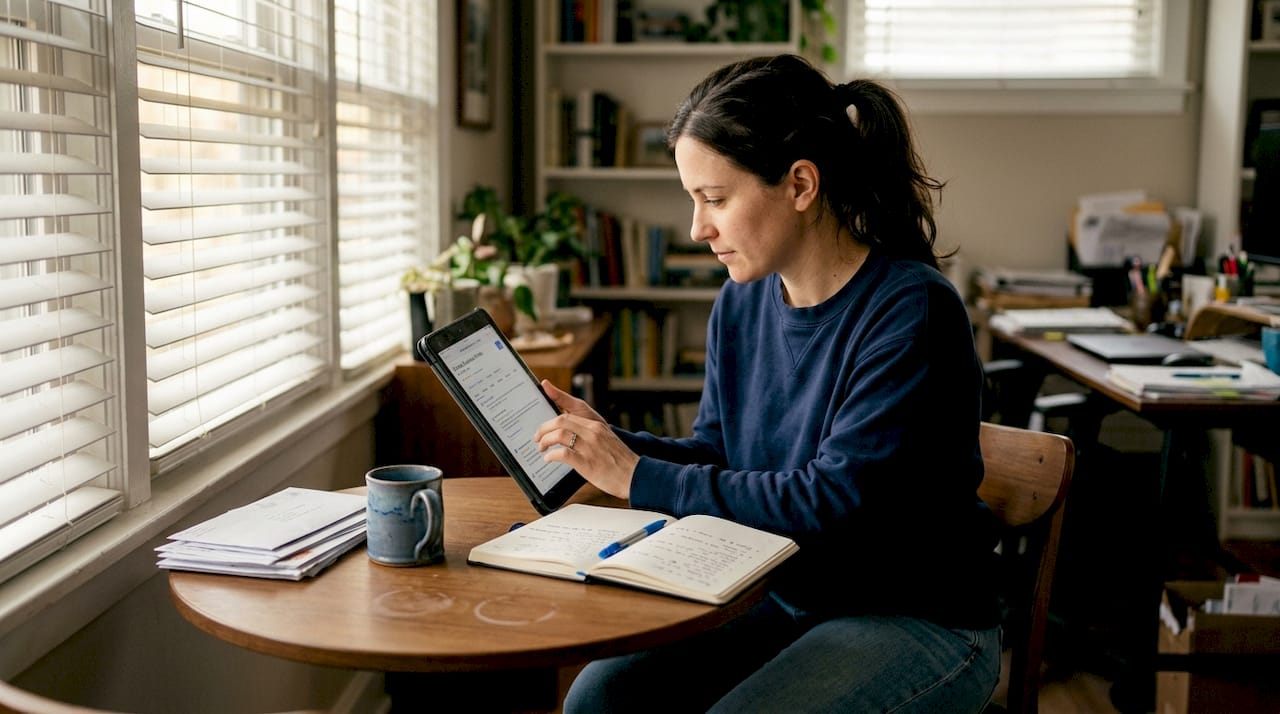 Contractor reading online reviews tablet