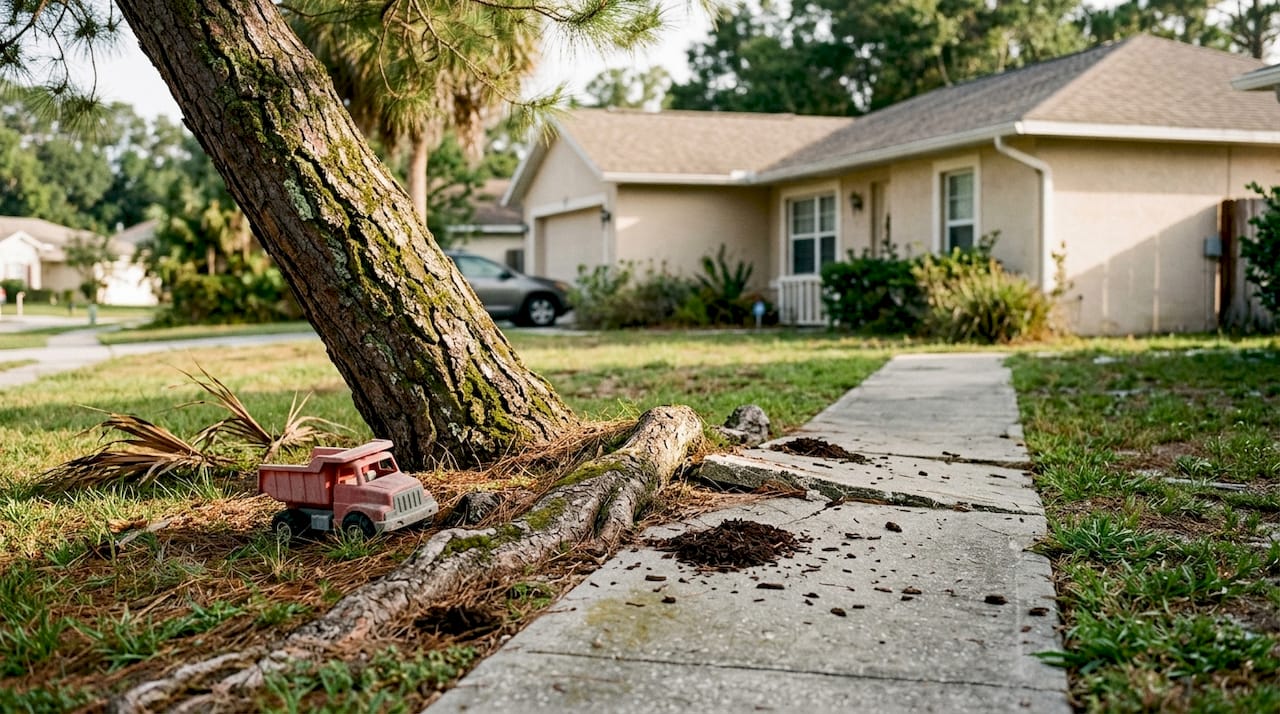 Signs your trees need removal: Central Florida guide 1 Leaning pine tree with exposed damaged roots