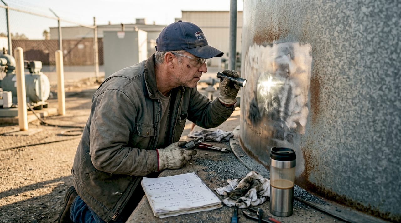 Technician inspects sandblasted steel tank surface