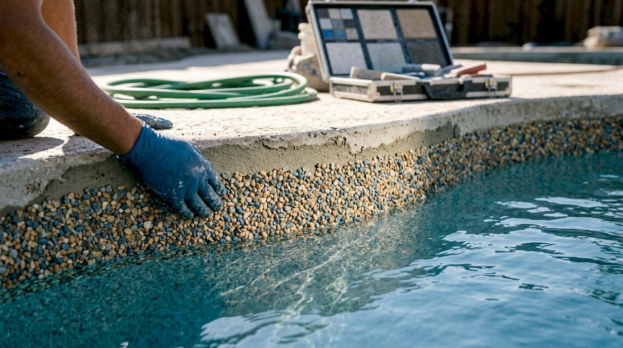 Worker smoothing pebble pool finish edge