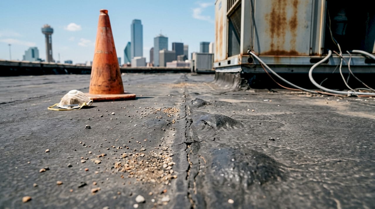 Flat roof with visible blistering and cracks
