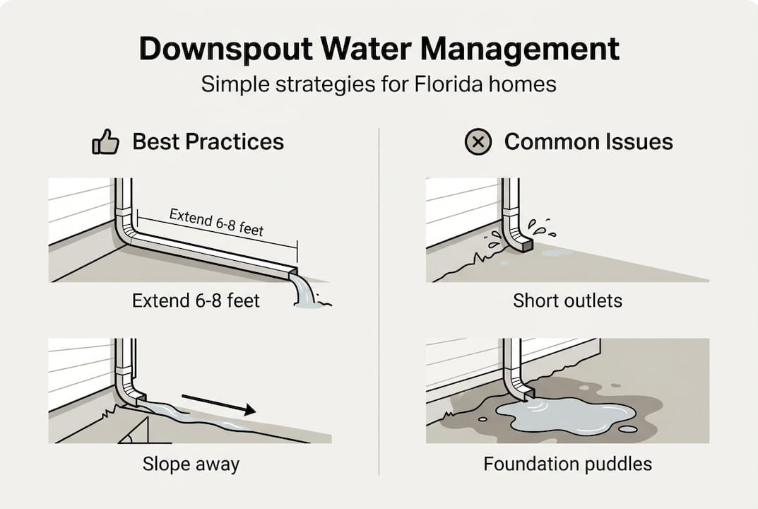 Infographic showing downspout placement and common issues
