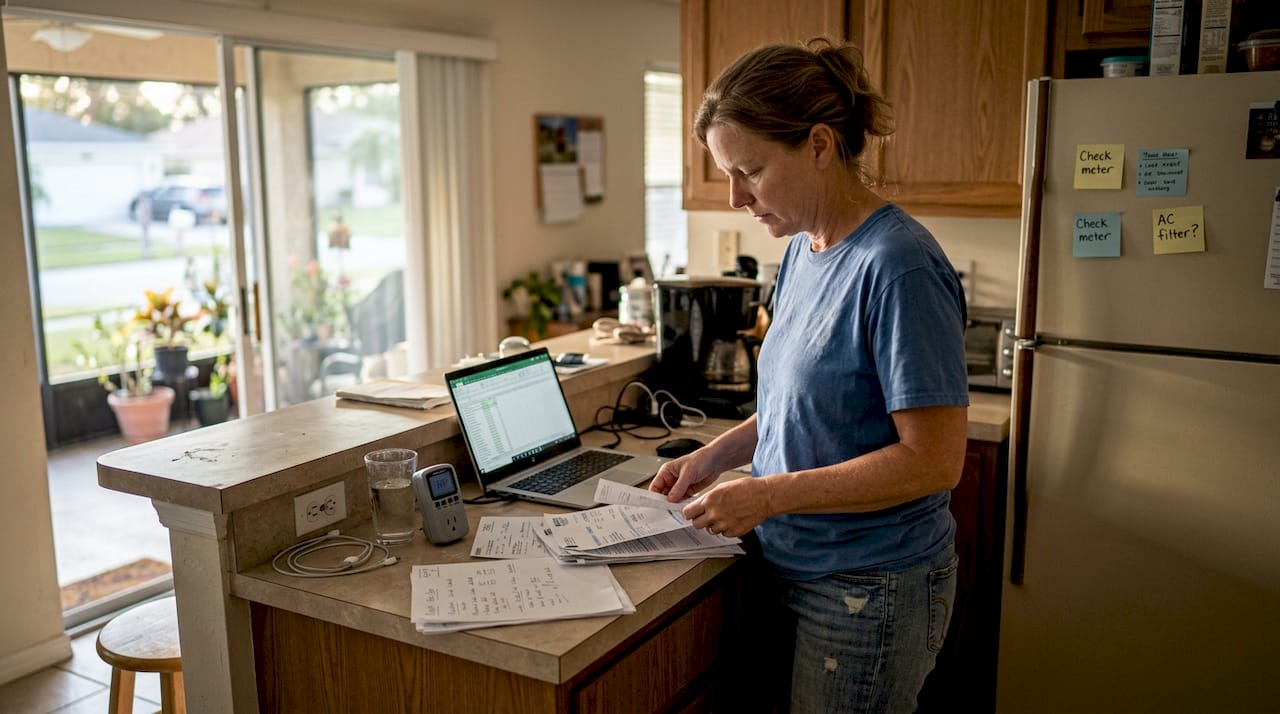 Solar battery storage guide for Florida homeowners 1 Woman examines bills for battery sizing