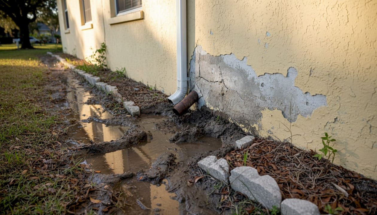 Foundation erosion near damaged downspout