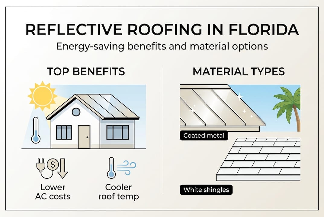 Infographic of cool roof benefits and material types