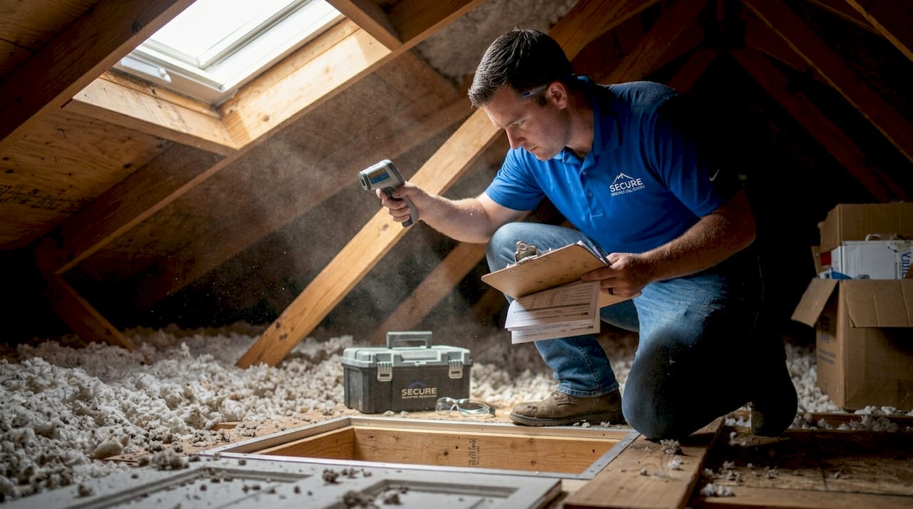 Roofer checking attic temperature under cool roof
