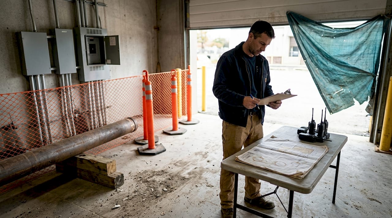 Supervisor reviews site sandblasting prep materials