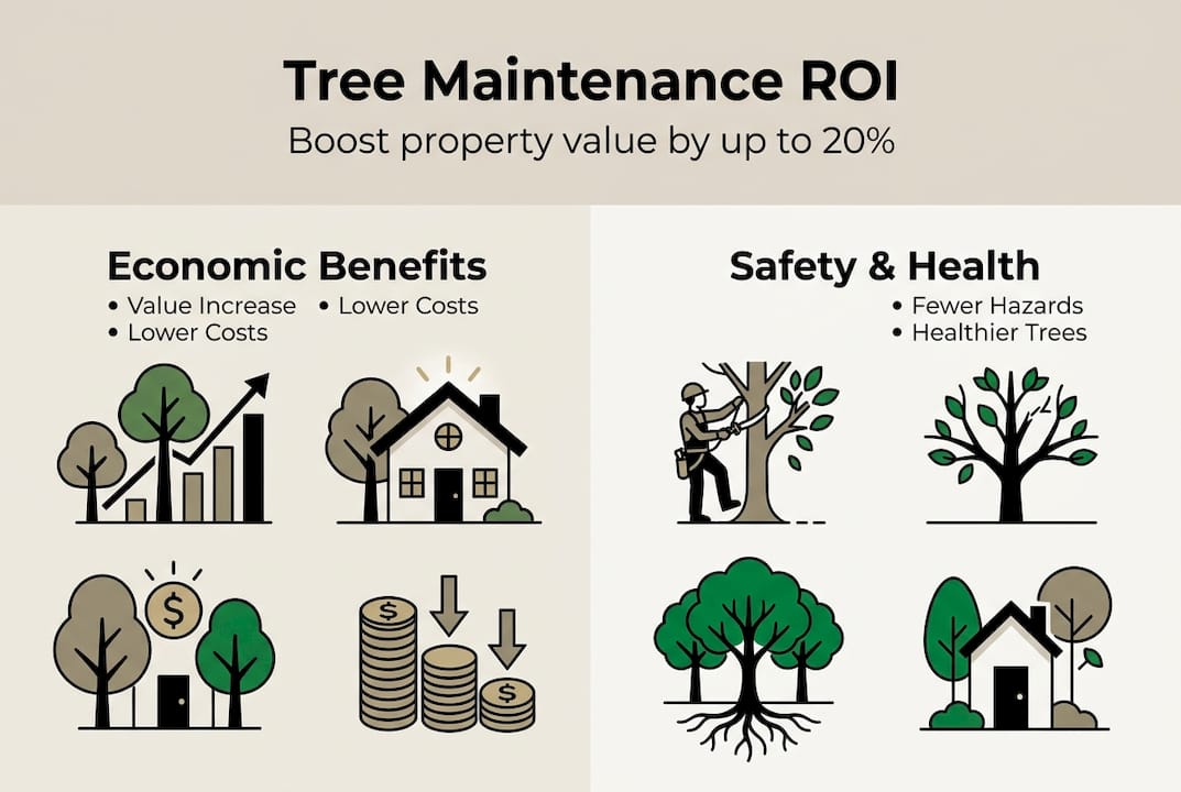Infographic showing tree maintenance and property value benefits