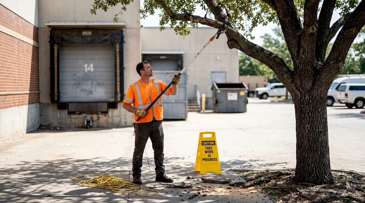 Arborist performing safe pruning on commercial property