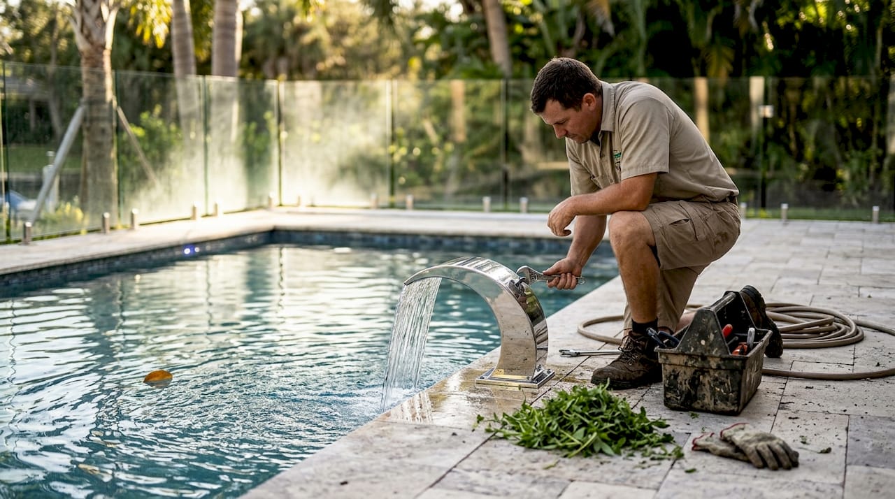 Worker installing pool waterfall luxury feature