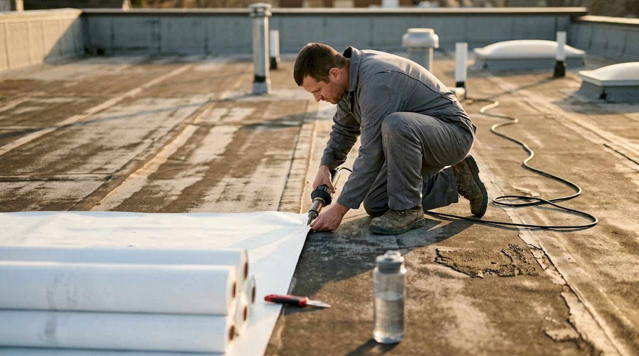 Technician applies single-ply membrane to roof