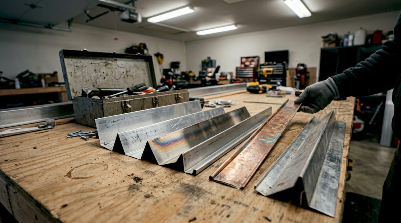 Roof flashing types displayed on workbench