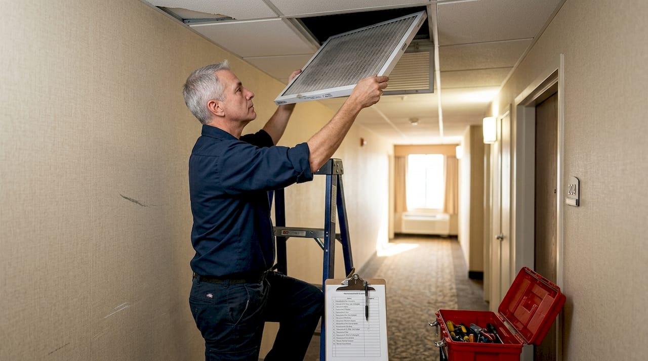 Worker changing air filter in hotel hallway