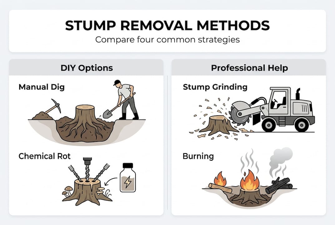 How to remove tree stumps: Central Florida homeowner guide 1 Infographic comparing tree stump removal methods