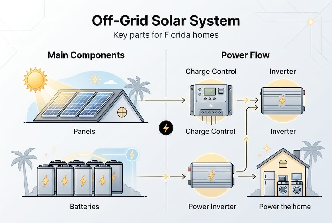 Off-Grid Solar Guide: Florida Homes & Businesses 2026 1 Infographic showing core off-grid solar system parts