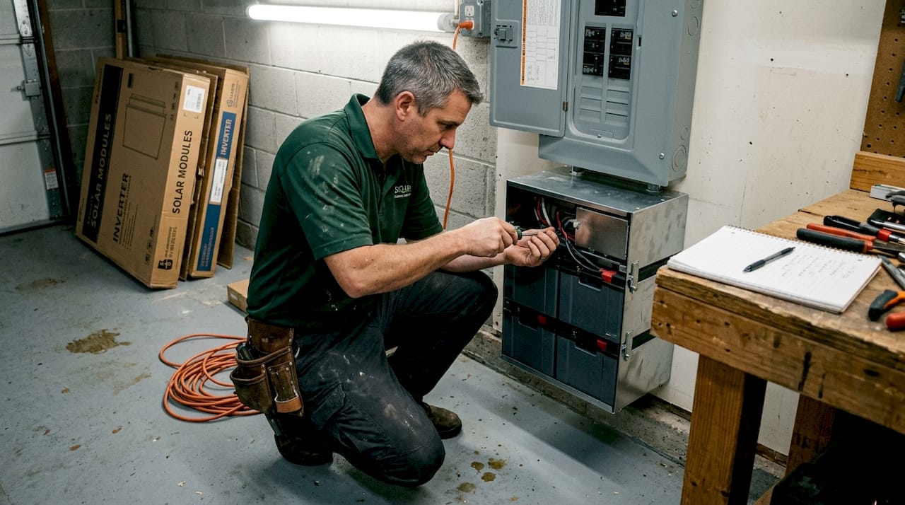 Off-Grid Solar Guide: Florida Homes & Businesses 2026 2 Installer working on solar battery setup in garage