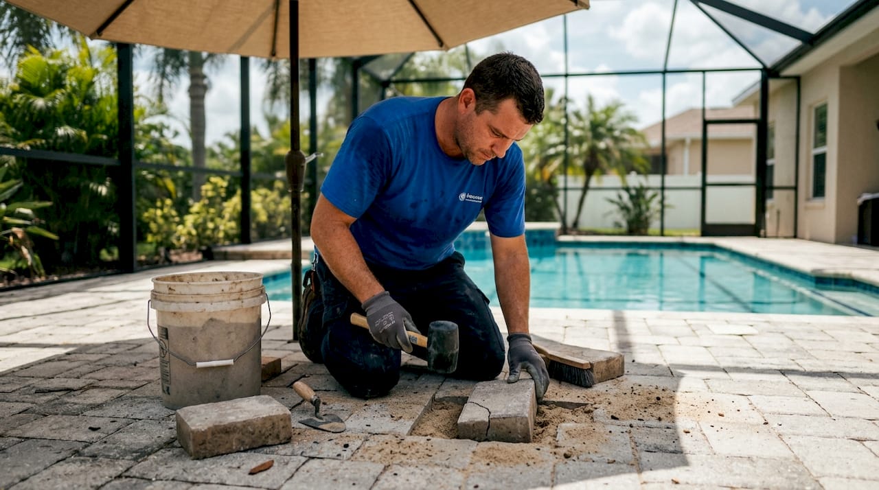 Technician repairs pool deck paver in Florida