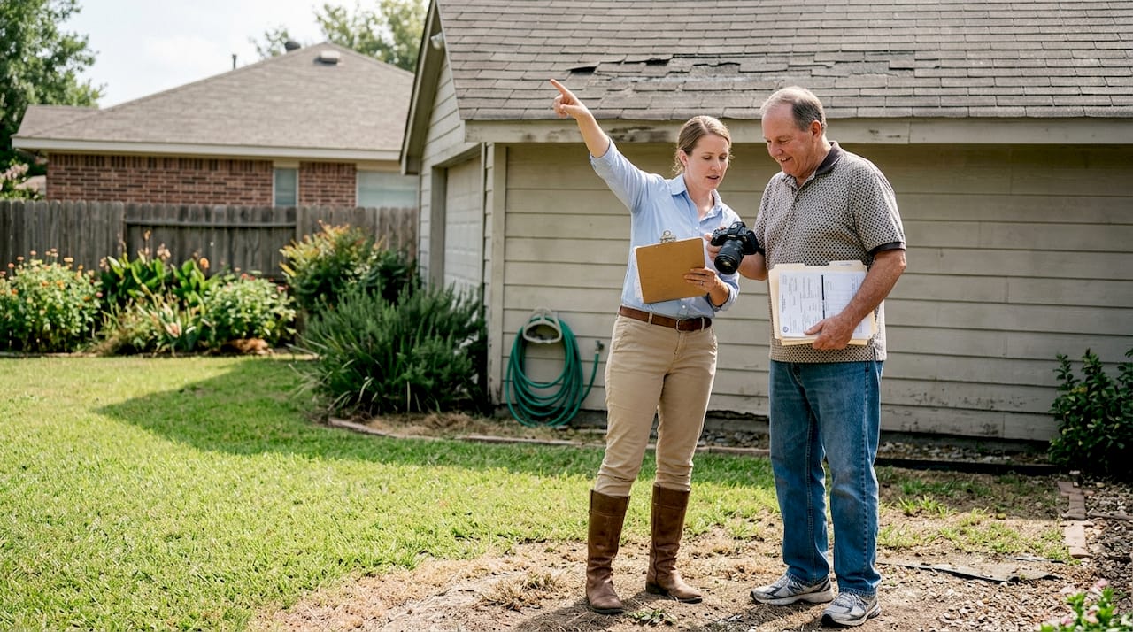 Insurance adjuster reviewing roof damage on site