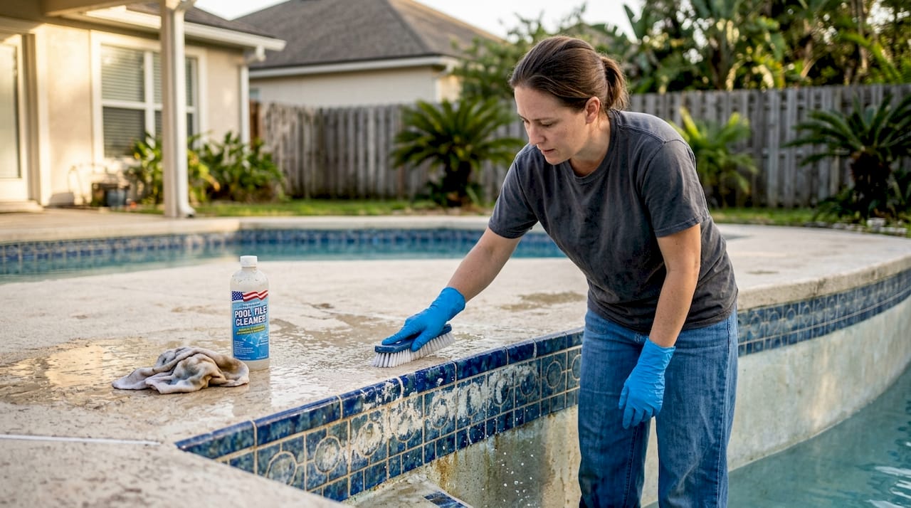 Homeowner cleaning pool tile stains