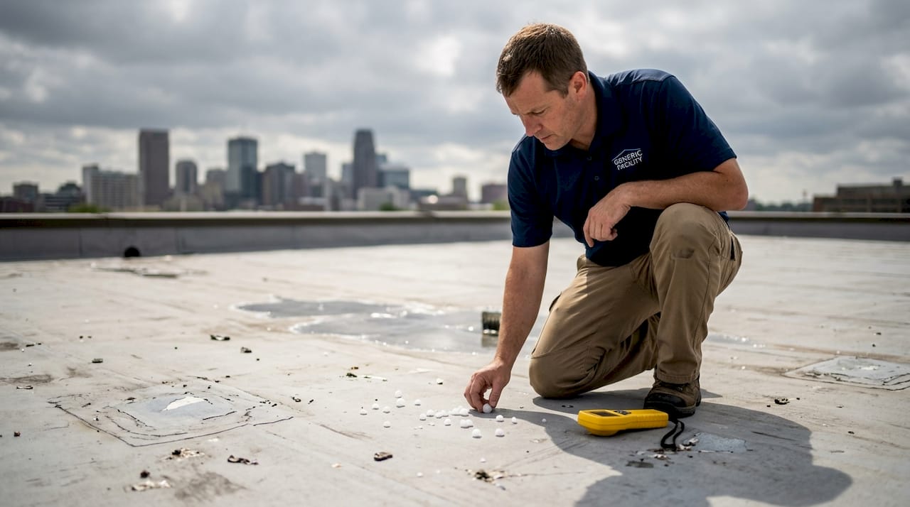 Inspecting polyurethane roof after hailstorm