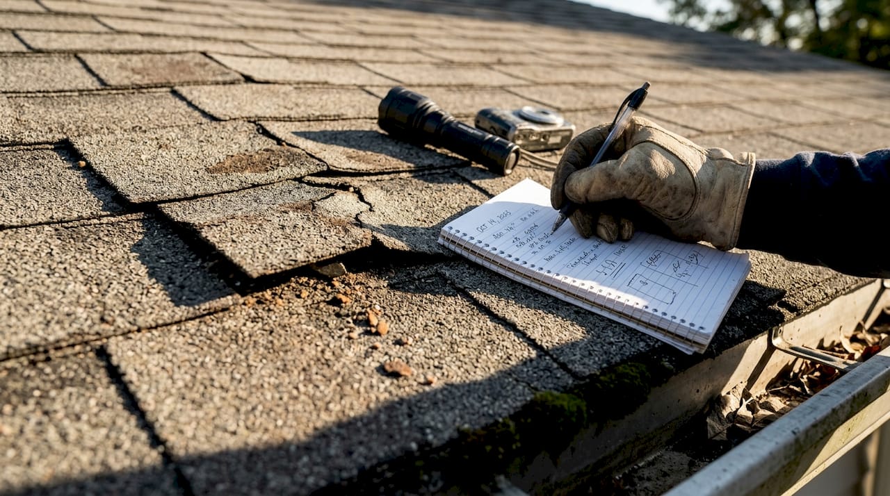 Close-up hand documenting roof shingle damage