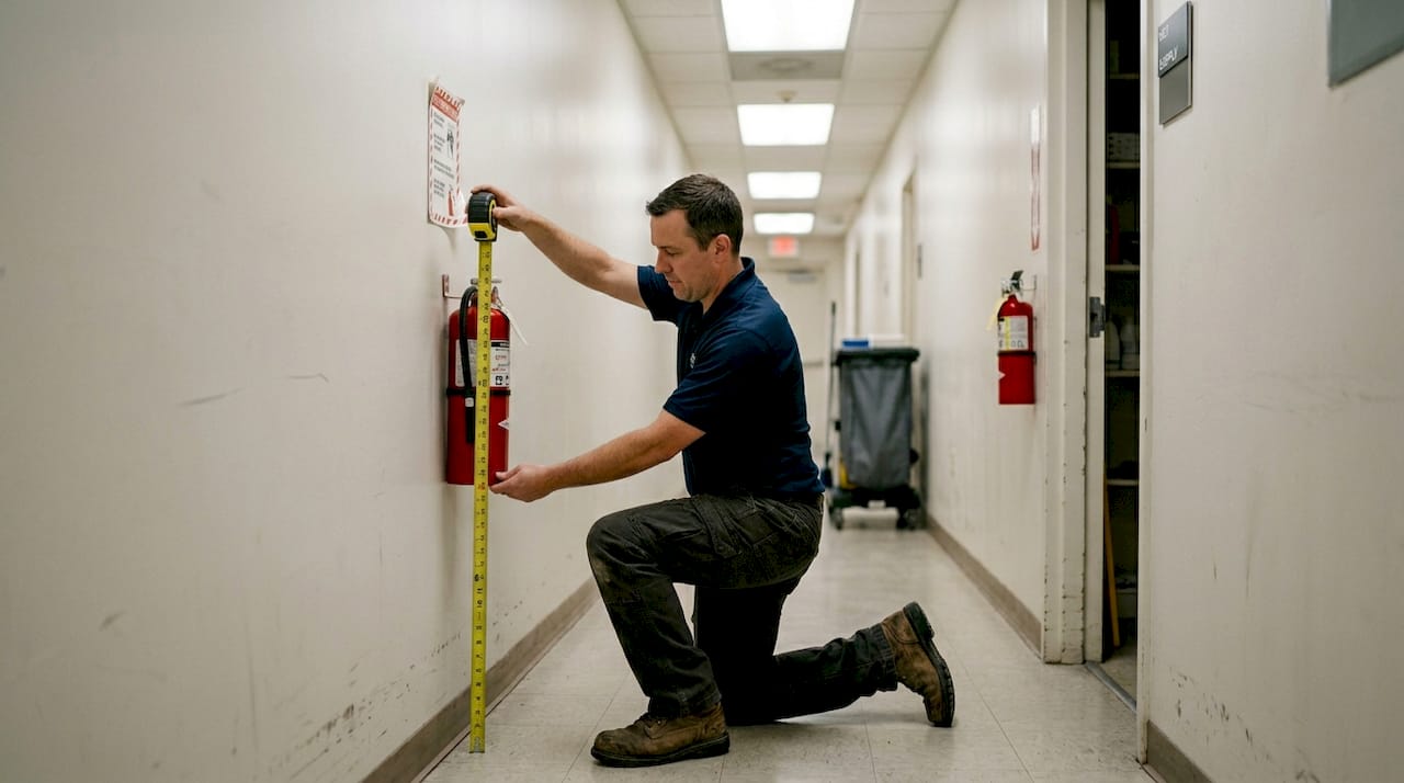 Technician adjusting fire extinguisher mounting height