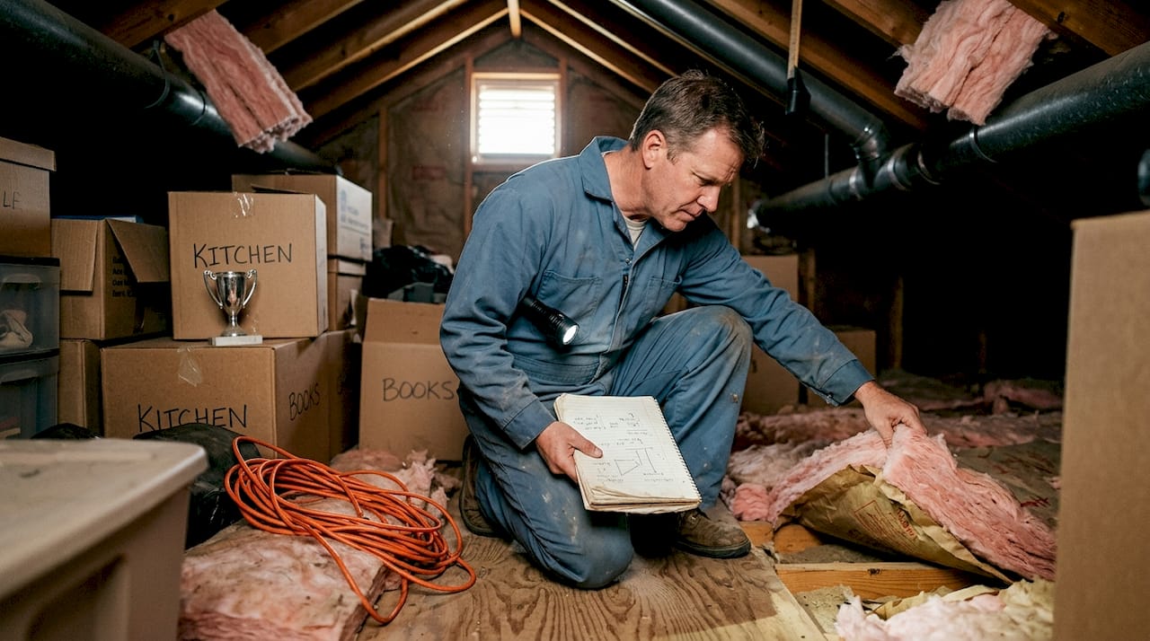 Roofer checking attic insulation in Texas home