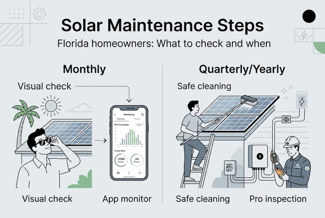 Essential home solar maintenance steps for Florida homeowners 1 Infographic showing solar maintenance frequency tasks