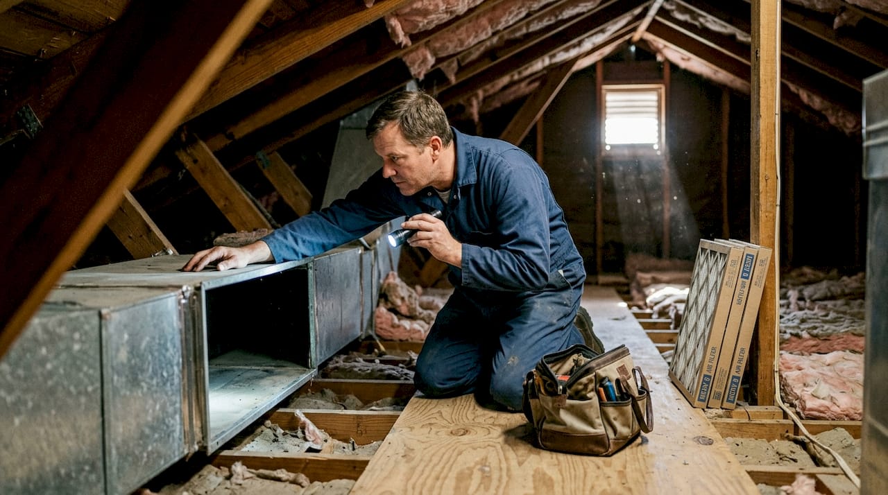 Technician inspecting ductwork in attic space