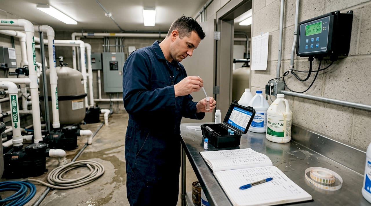 Staff testing pool water chemical levels