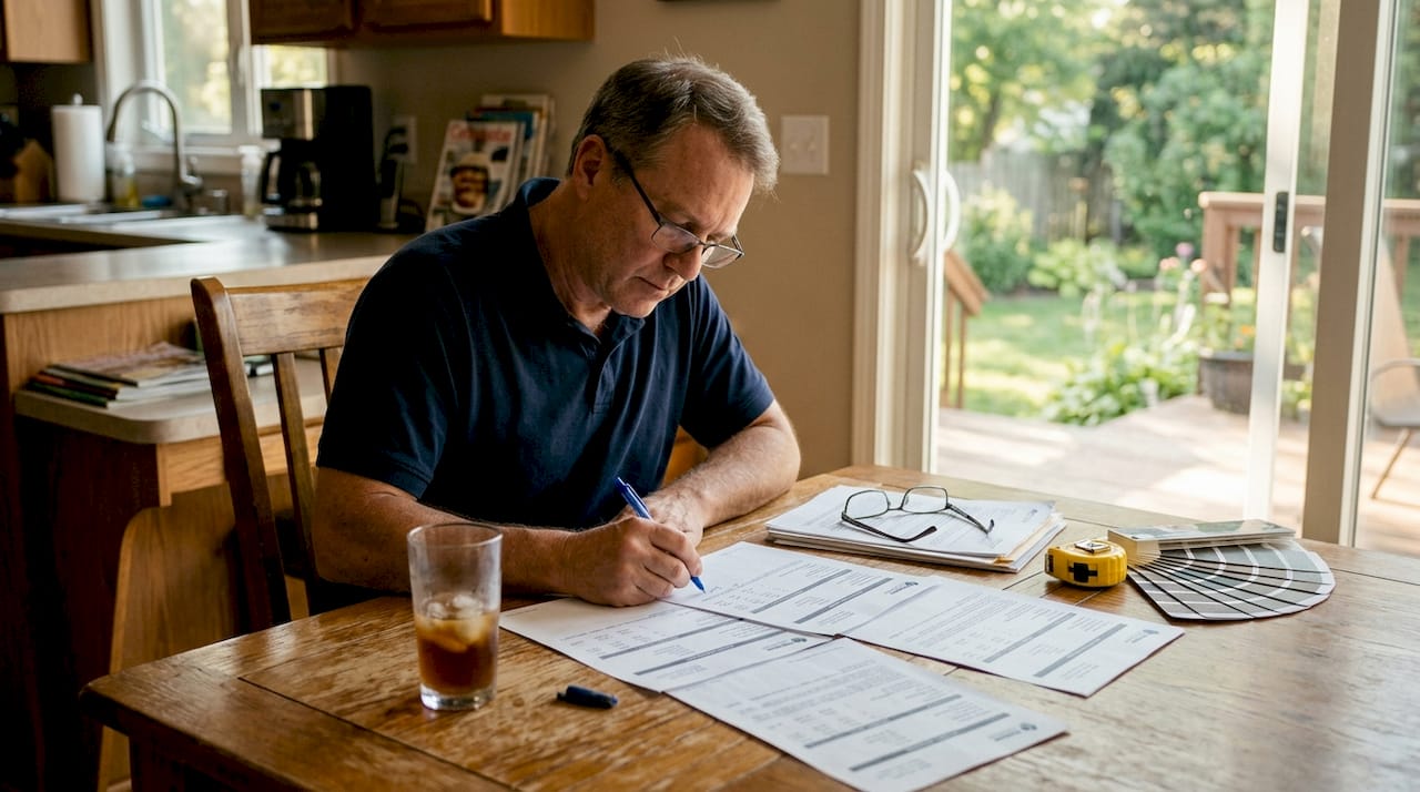 Homeowner reviewing roofing contractor bids