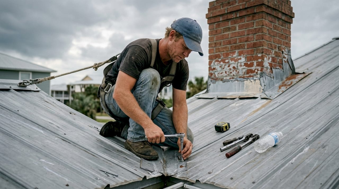 Roofer securing metal panels on coastal house