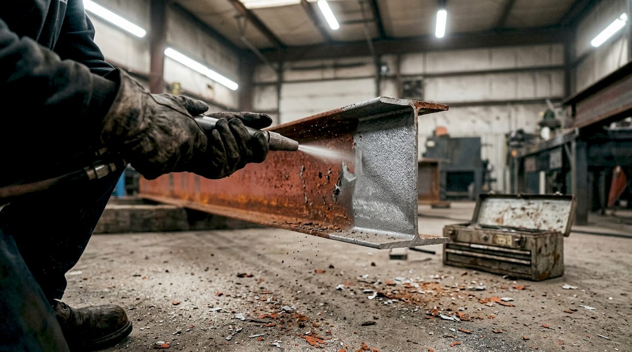 Closeup sandblasting cleaning steel beam