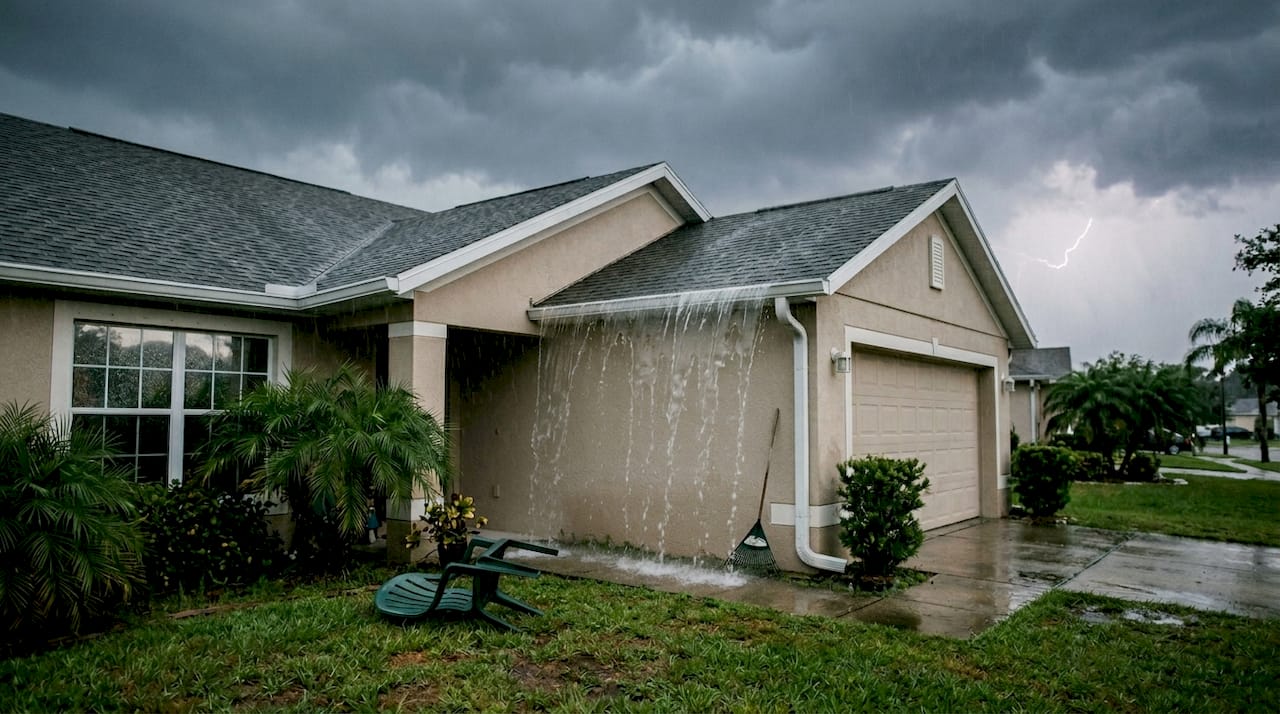 Gutters channeling roof water during heavy rain